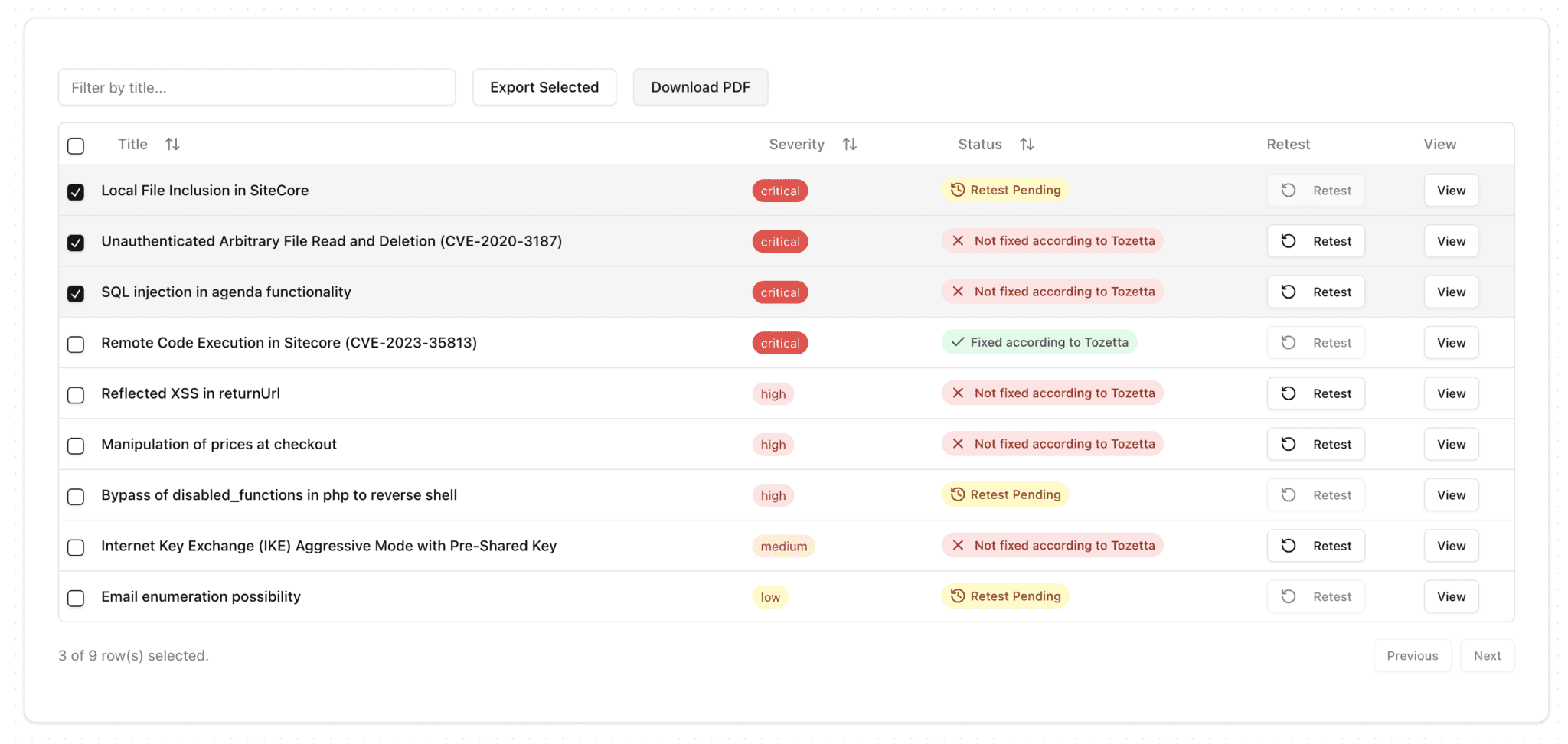 Selecting a vulnerability export in Tozetta Reports